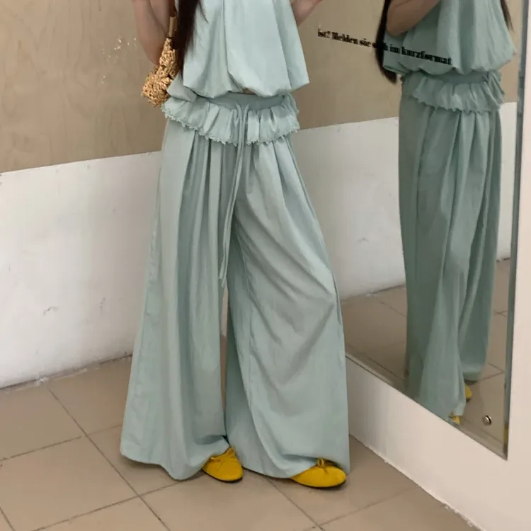 【赵小小&想入两个色】28790 高腰压褶荷叶边宽松阔腿垂感休闲裤女