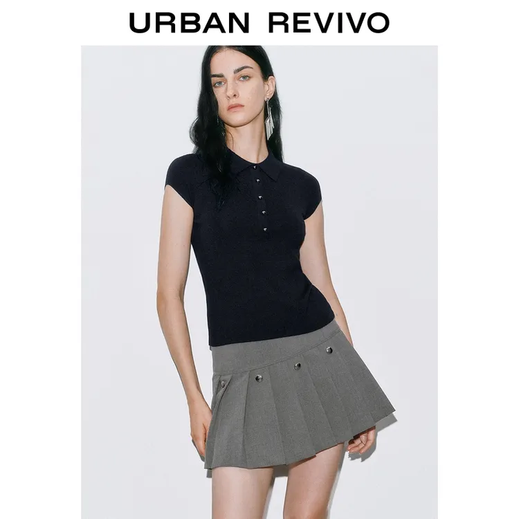 【HOT】UR2025秋季新款女装学院风Polo修身短袖针织衫UWG950192