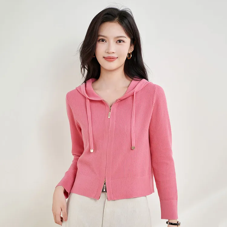 宝迪莱丝2025秋季通勤风连帽休闲百搭长袖莱赛尔天丝针织衫女开衫