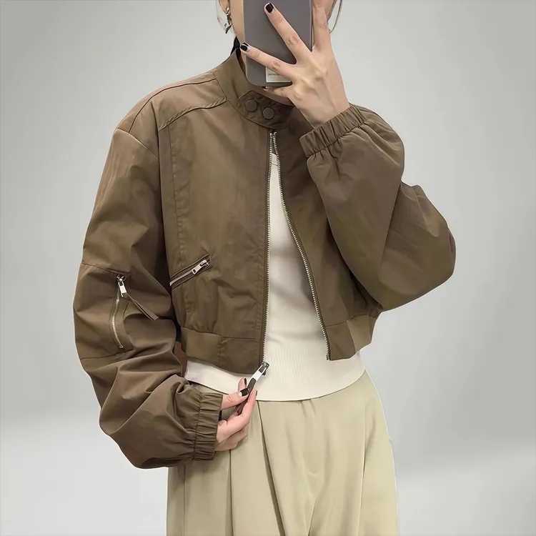 2025早秋新款美式复古甜酷风高腰棒球服女宽松显瘦立领夹克短外套