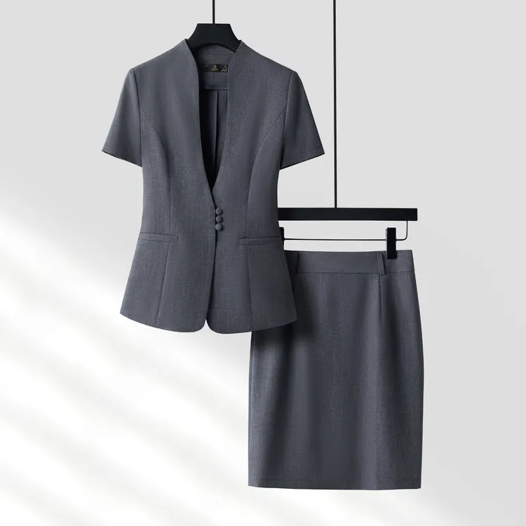 灰色新中式修身西装套装裙女夏季职业酒店经理前台接待短袖工作服