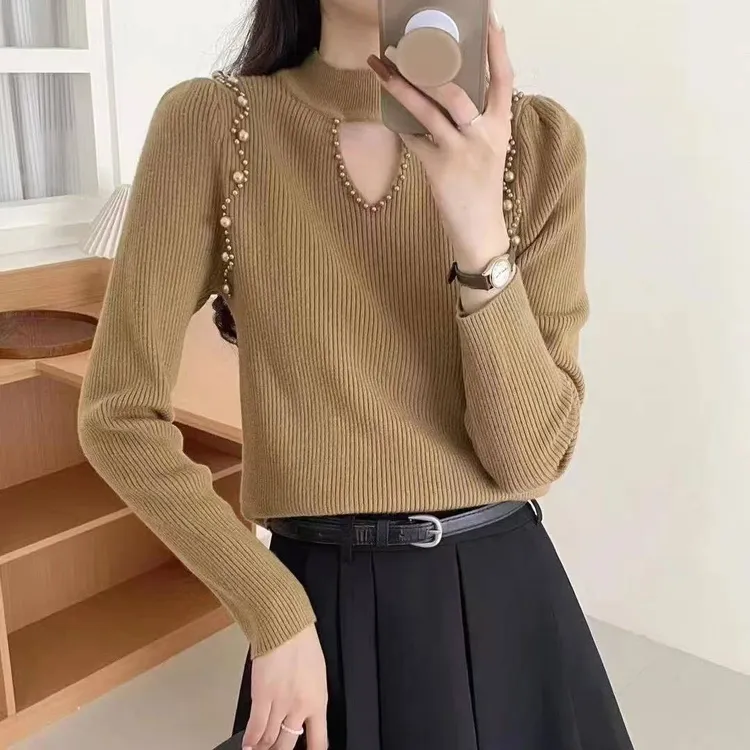 （181）大码镂空半高领打底春秋钉珠新款时尚洋气针织衫长袖毛衣女