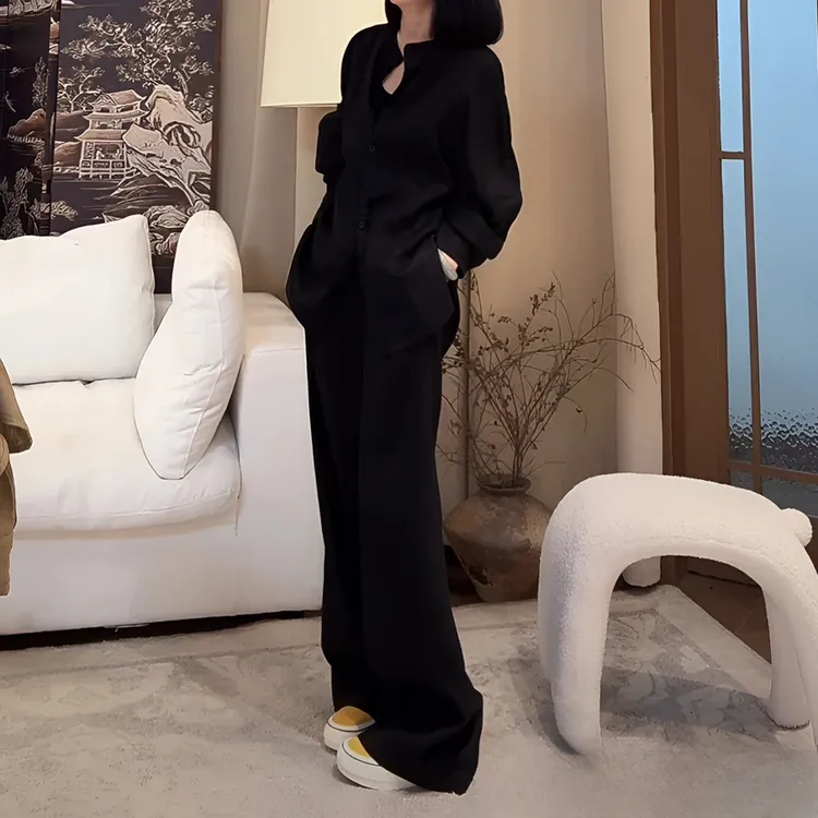 ZUOXIAOQI琉璃麻慵懒套装洋气两件套秋季炸街上衣黑色显瘦气质