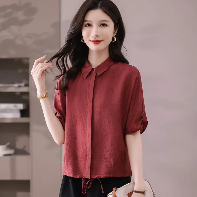 中年妈妈短袖衬衫女2025夏季新款抽绳显瘦洋气衬衣薄款气质纯色衫