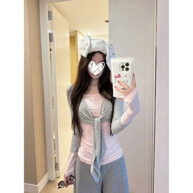 【盐系少女】韩版假两件纯欲拼色长袖T恤~运动直筒裤女套装H826