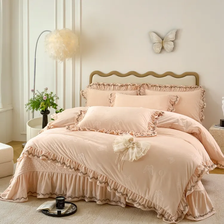 新款加厚牛奶绒床盖款四件套冬季加绒保暖多功能双面绒被套花边款