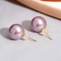 天然淡水珍珠耳钉11-12粉紫色