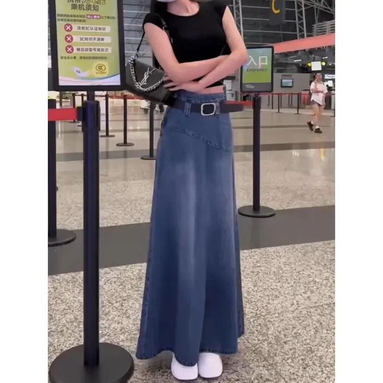 港味复古蓝色牛仔半身裙女秋季新款高腰宽松遮胯显瘦包臀a字长裙