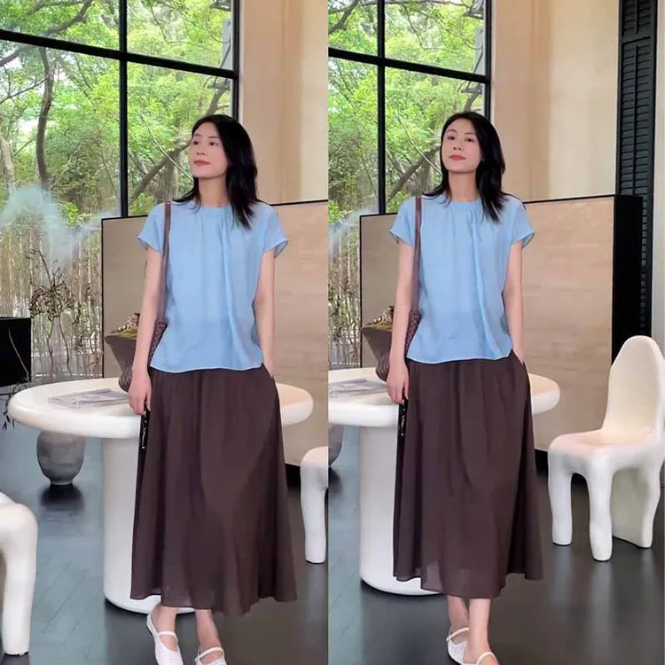 2025夏季新款气质显瘦小清新立领衬衣薄款上衣潮女半身裙两件套