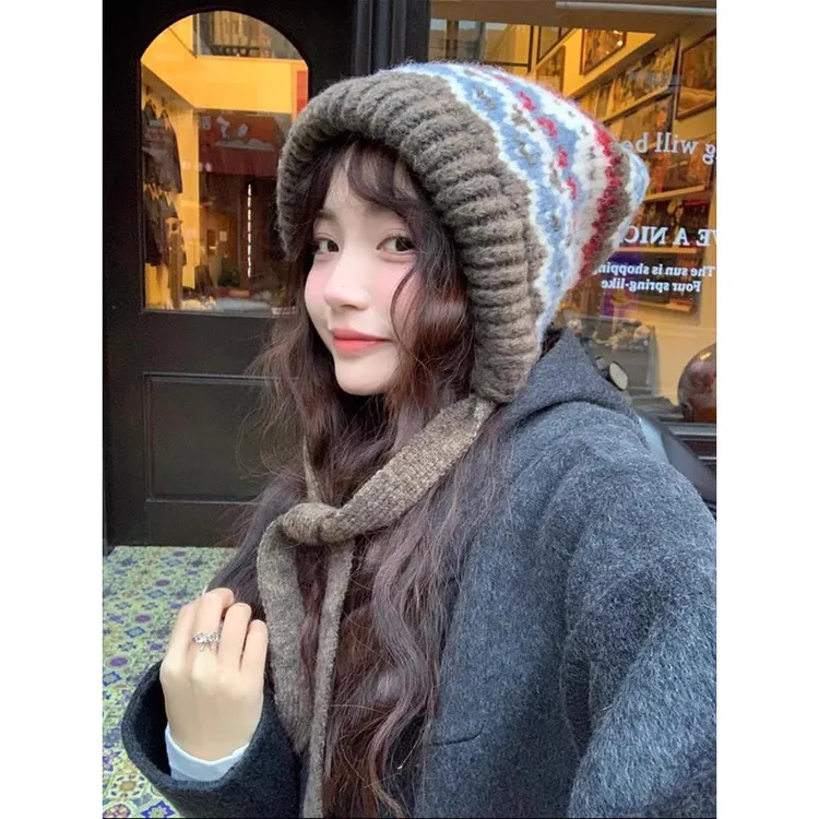 费尔岛针织帽女冬季巴拉克拉法帽子包包两用防寒保暖毛绒毛线帽