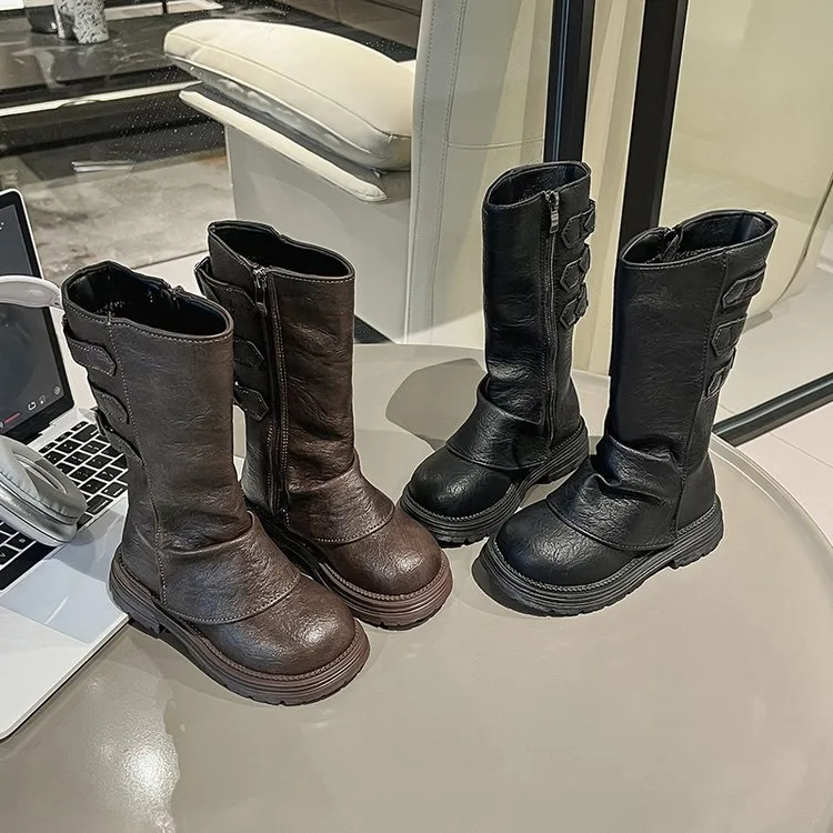 小黄鸭儿童长靴女童秋冬高筒靴加绒时尚公主棕色长靴子黑色马丁靴