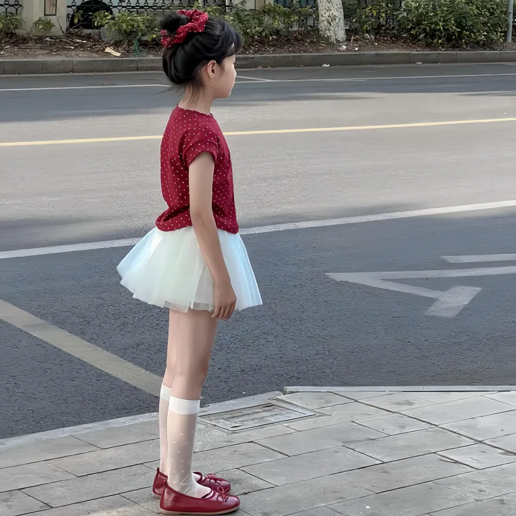 MUMUWU女童夏季新款原创设计波点短袖t恤套装中大童洋气网纱裙裤