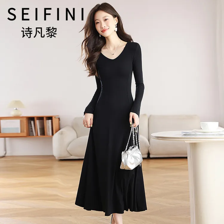 SEIFINI/诗凡黎折扣女装气质显瘦连衣裙时尚优雅V领长袖针织裙子