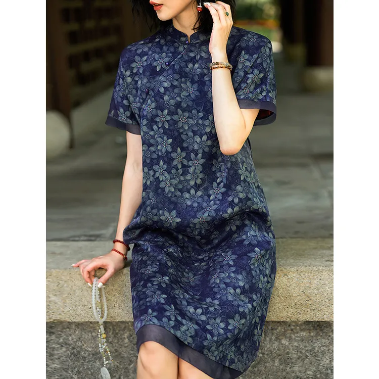 夏季复古中式中国风印花提花气质时尚文艺女士立领半袖薄款百搭真