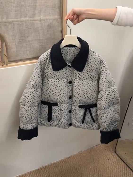 韩系小碎花撞色翻领棉服女2025冬季新款高级感小个子加厚保暖外套