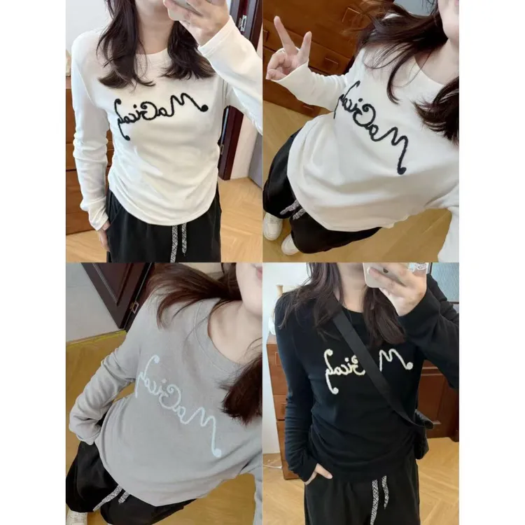 晶咕佳佳【麦吉日常】刺绣字母圆领绒感长袖小T恤显瘦短款时尚