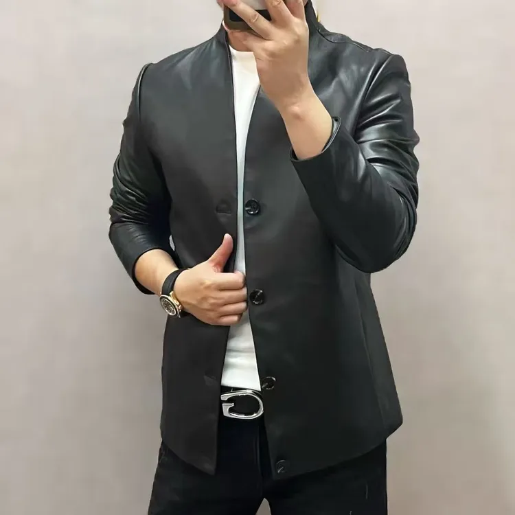 新款高端男士潮流休闲经典简约纽扣皮衣28757