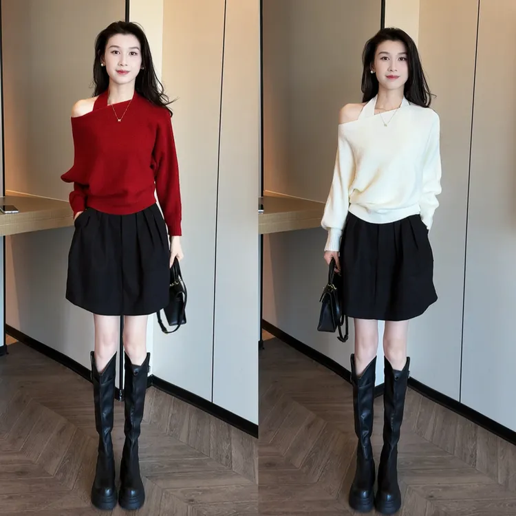 温柔纯欲设计感挂脖内搭背心百搭感厚款毛衣+高腰半身裙三件套潮