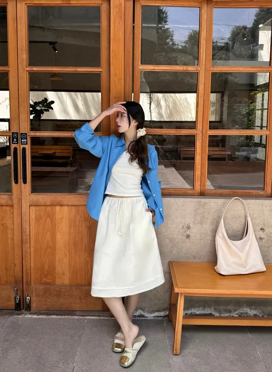 纯色韩系抽绳半身裙松紧蕾丝中裙高腰显瘦休闲百搭百搭宽松A字