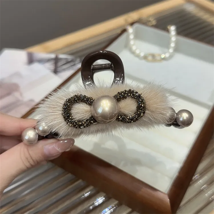 韩版蝴蝶结毛毛抓夹女后脑勺盘发鲨鱼夹大号发卡子半扎发发夹头饰