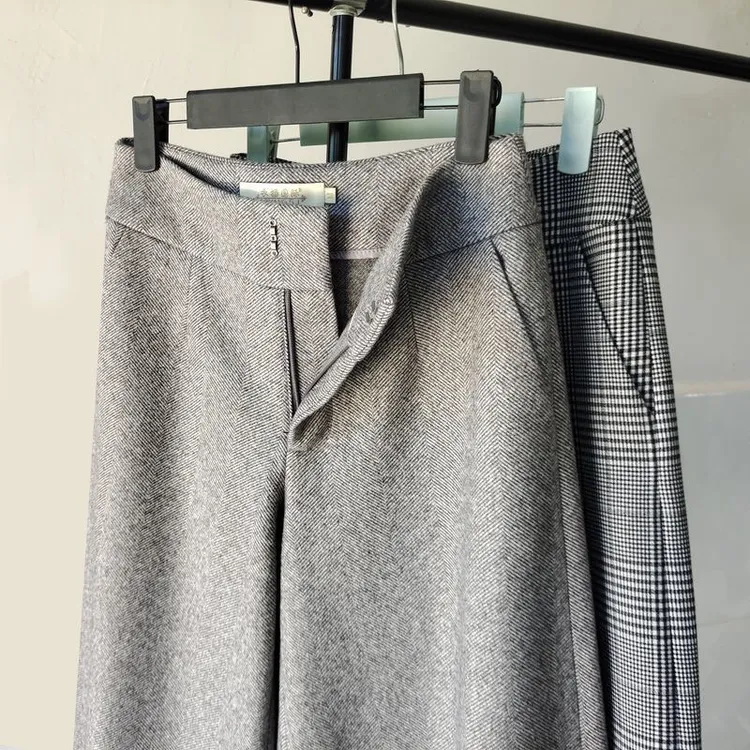 人字纹毛呢阔腿裤女高腰显瘦加厚呢子直筒裤灰色七分裤格子靴裤子