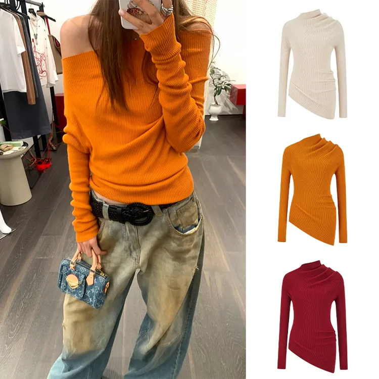 Moses Queen/魔西女王橘色时髦百搭毛衣性感斜肩针织长袖气质上衣