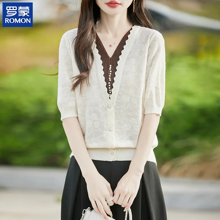 罗蒙妈妈夏装假两件V领短袖中年时尚新款上衣中老年女士薄款小衫 