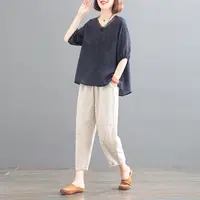HH#【单/套装】韩版宽松绣花v领新款两件套棉麻时尚两件套装DY3703