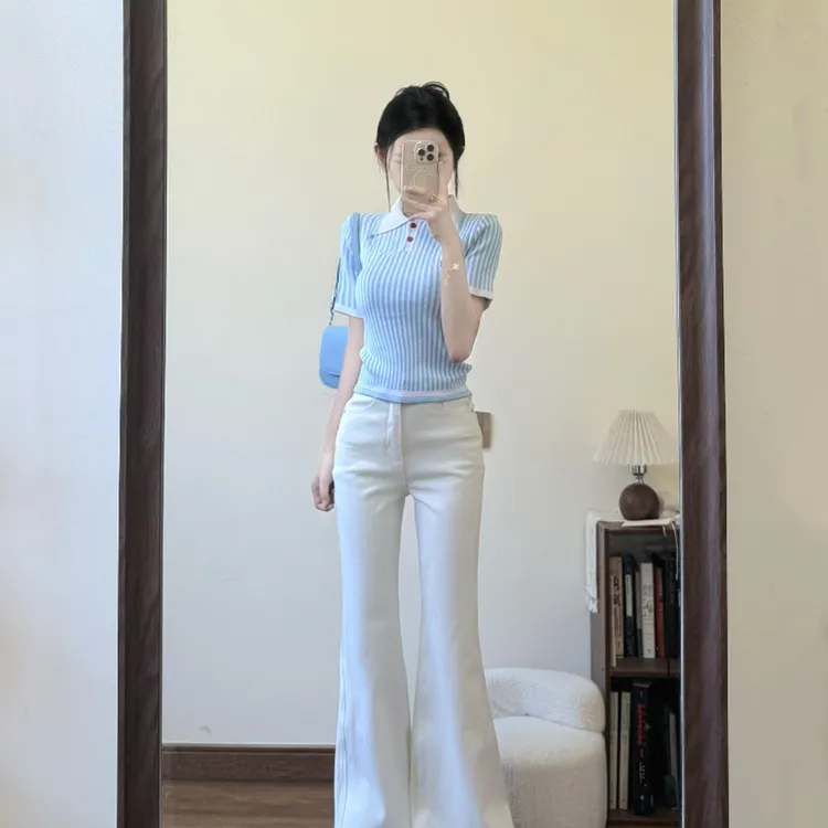 夏季新款洋气衣服女竖条纹翻领高级感轻奢上衣高腰微喇阔腿裤套装