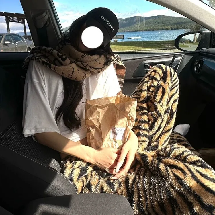 美式复古豹纹抽绳双面绒阔腿女秋冬加绒保暖宽松居家羊羔绒拖地裤