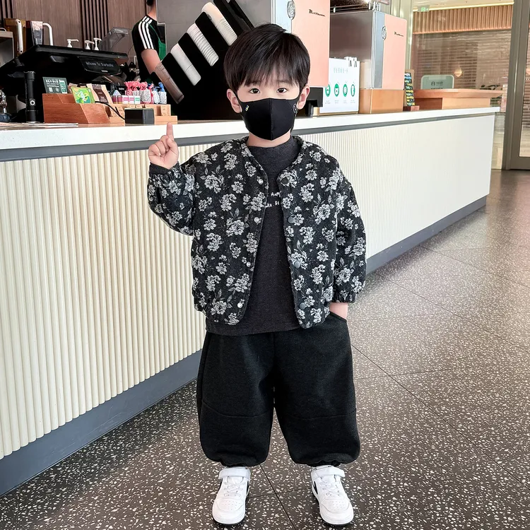 男童加绒套装冬季儿童加厚三件套2025新款男孩宝宝秋冬装夹棉衣服