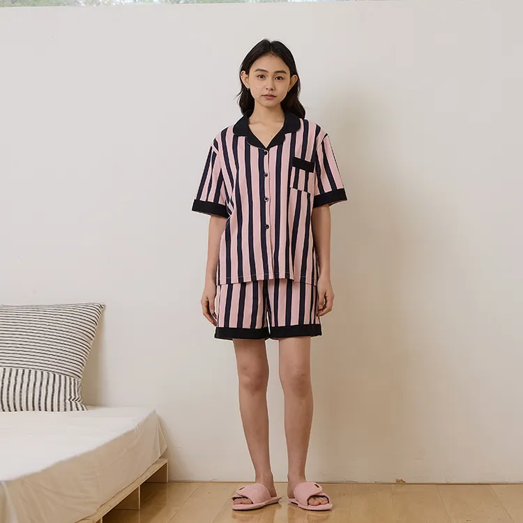 【美家臣】新款睡衣女夏新疆棉薄款条纹短袖短裤套装休闲简约家居服