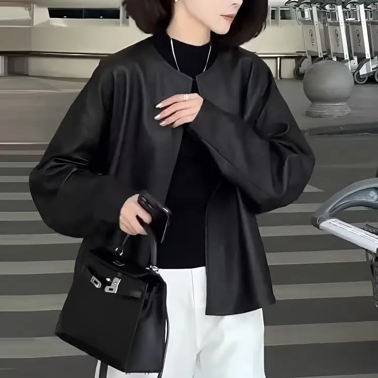 今年流行爆款高级感赫本风薄款黑色圆领休闲外套2025春新款皮衣