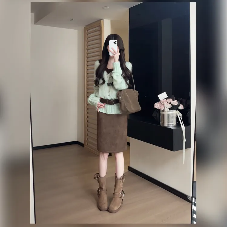 松本丧丧复古高腰麂皮腰带半身裙小众气质A字半身裙B253S0128