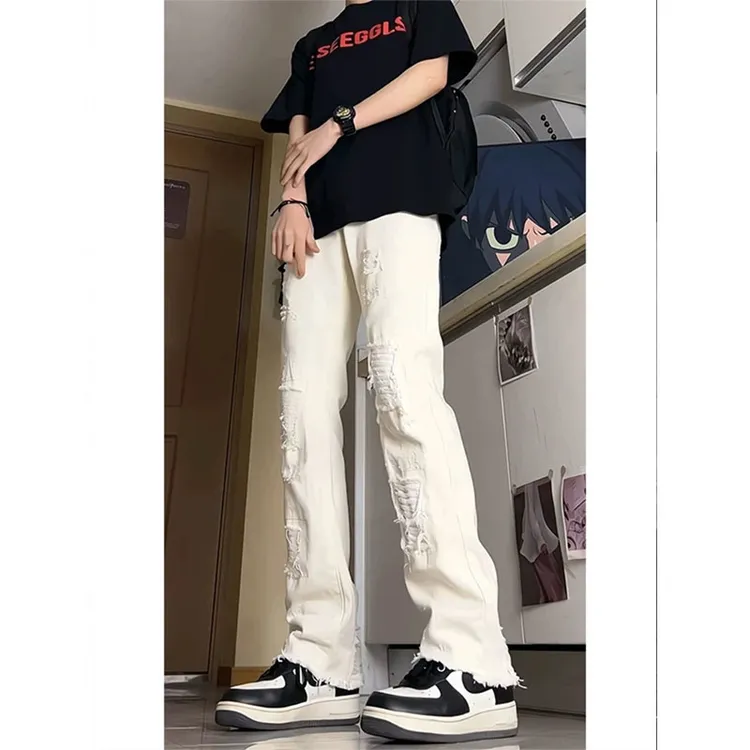 白色美式高街毛边破洞牛仔裤男潮牌高级感vibe裤子高腰直筒乞丐裤
