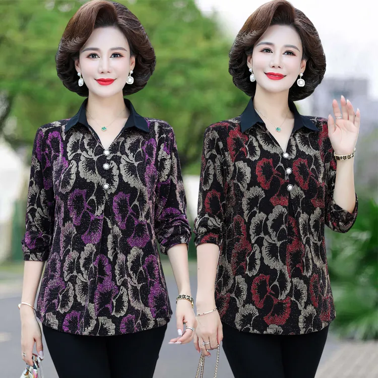 秋季新款妈妈装印花衬衫长袖翻领T恤小衫宽松上衣春秋时尚打底衫