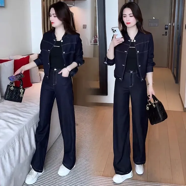 时尚牛仔套装女2025秋季新款时髦洋气短款外套阔腿裤休闲两件套潮