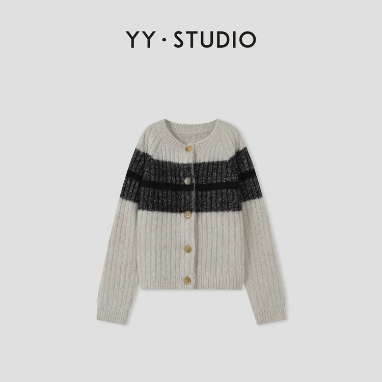 【YANYAN】圆领拼色毛衣女秋冬休闲长袖针织开衫YY-9441