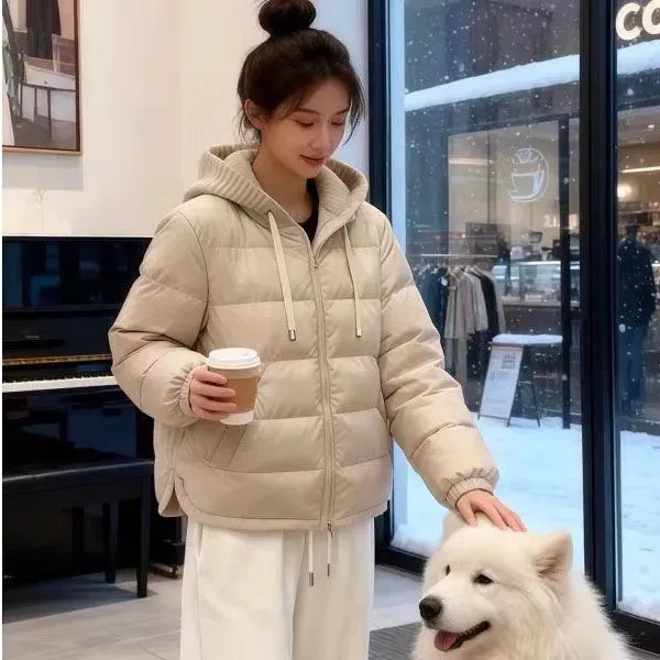 设计感独特别致针织拼接连帽棉服女秋冬法式气质百搭拉链棉衣外套