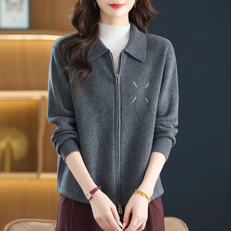 双拉链翻领毛衣外套女春秋2025新款洋气减龄休闲上衣针织开衫气质