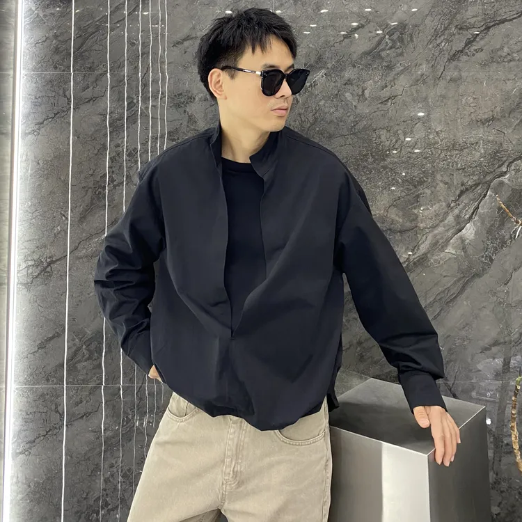 复古立领深V纯棉假两件前短后长设计感套头衬衣休闲长袖痞帅衬衫