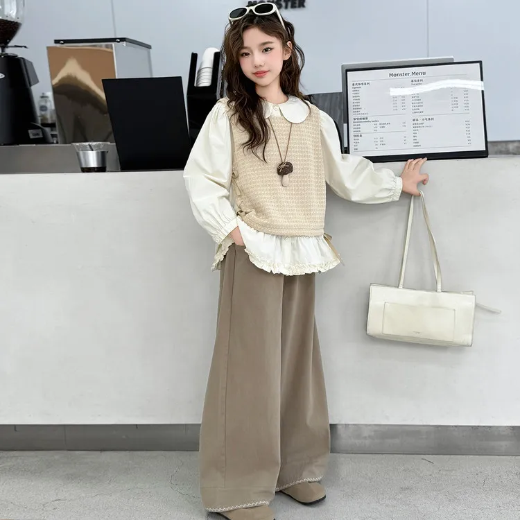 女童秋季套装2025新款儿童韩系洋气时髦马甲衬衫春秋款女大童秋装