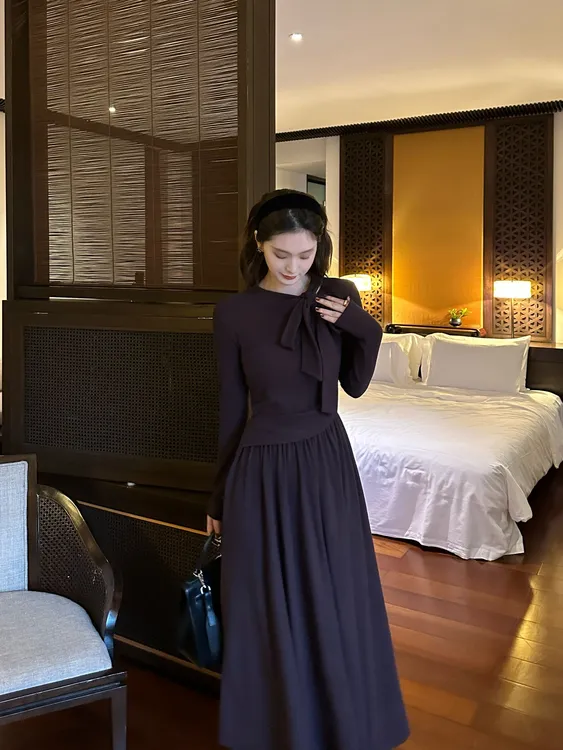 D113455M温柔气质法式韩系显瘦优雅收腰连衣裙秋冬长裙长款