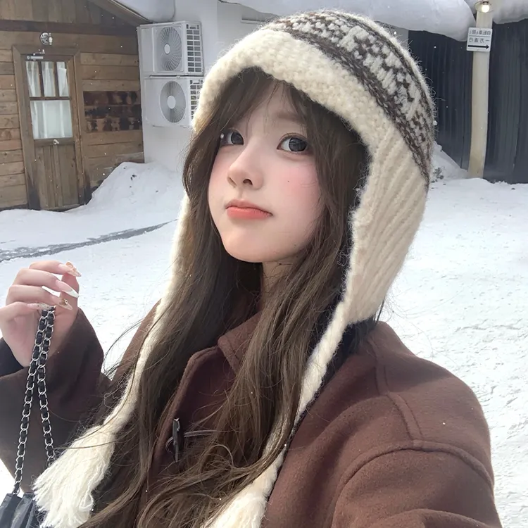 费尔岛毛线帽子女款秋冬季2025新款显脸小护耳保暖防寒加厚雷锋帽