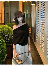 不冷BULENG韩系斜肩自由肩短袖上衣女高级感针织T恤