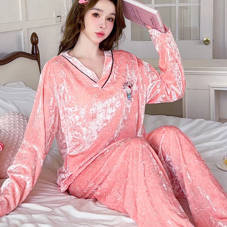 甜美公主风睡衣女款春秋季蕾丝宫廷风保暖家居服两件套可外穿1050