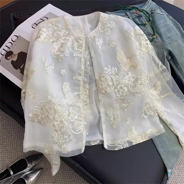 新中式国风盘扣蕾丝圆领衬衫男女春秋设计感别致薄款防晒上衣外套