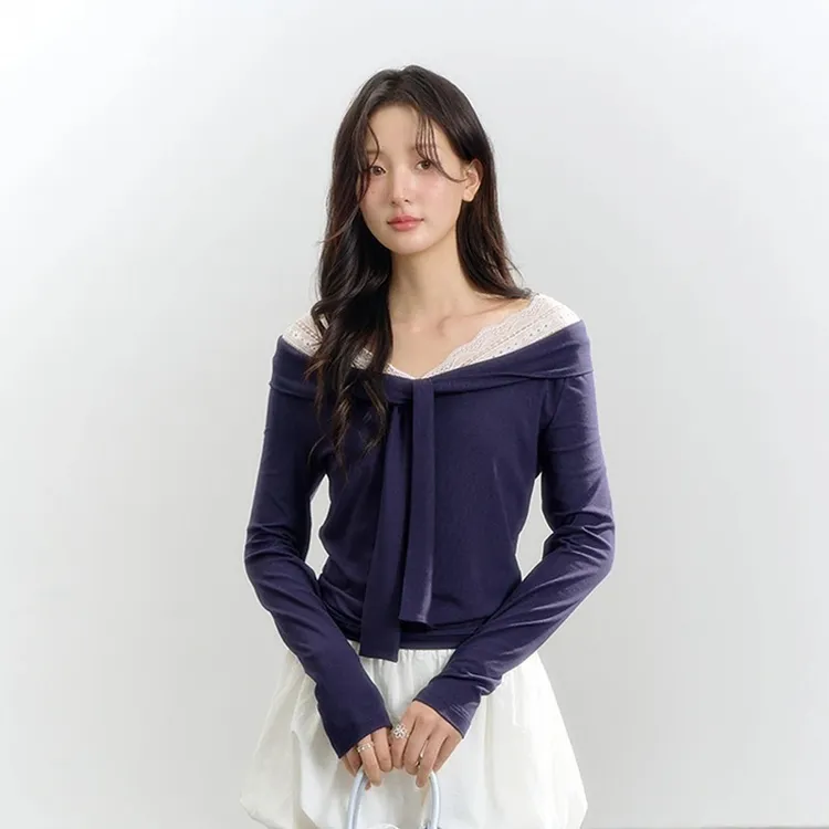 iNSLiiSA 藏青色拼接一字肩韩系v领显瘦长袖上衣女短款设计感t恤