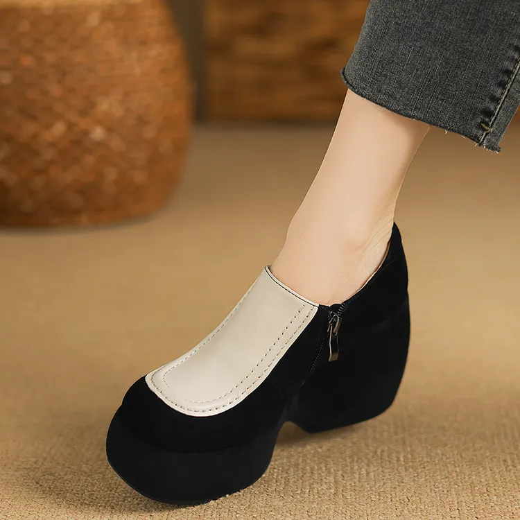 玥小姐手工女鞋10cm坡跟单鞋久穿不累厚底乐福鞋防水台深口高跟鞋