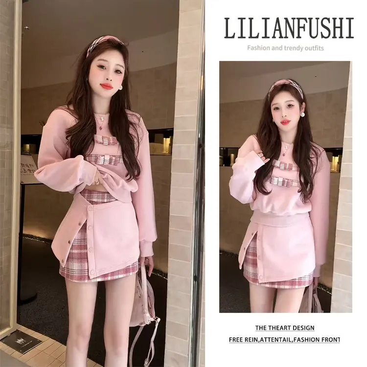 韩系穿搭套装女2025秋冬新款性感显瘦毛衣不规则短裙甜辣妹两件套